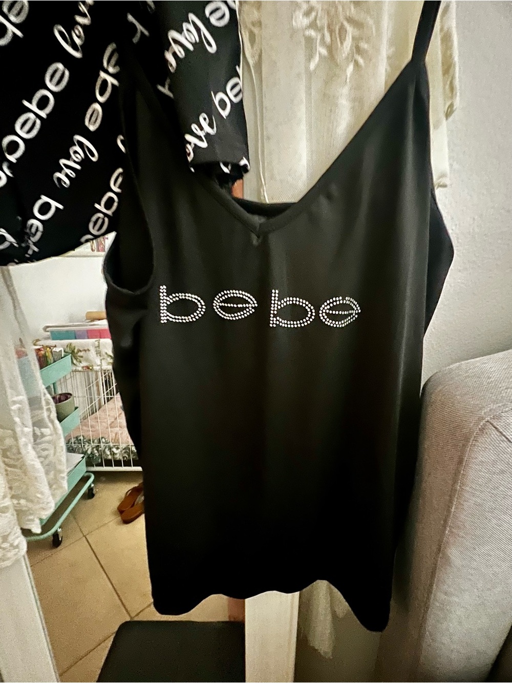 bebe Black Rhinestone Logo Camisole PJ set - V-Neck Mini